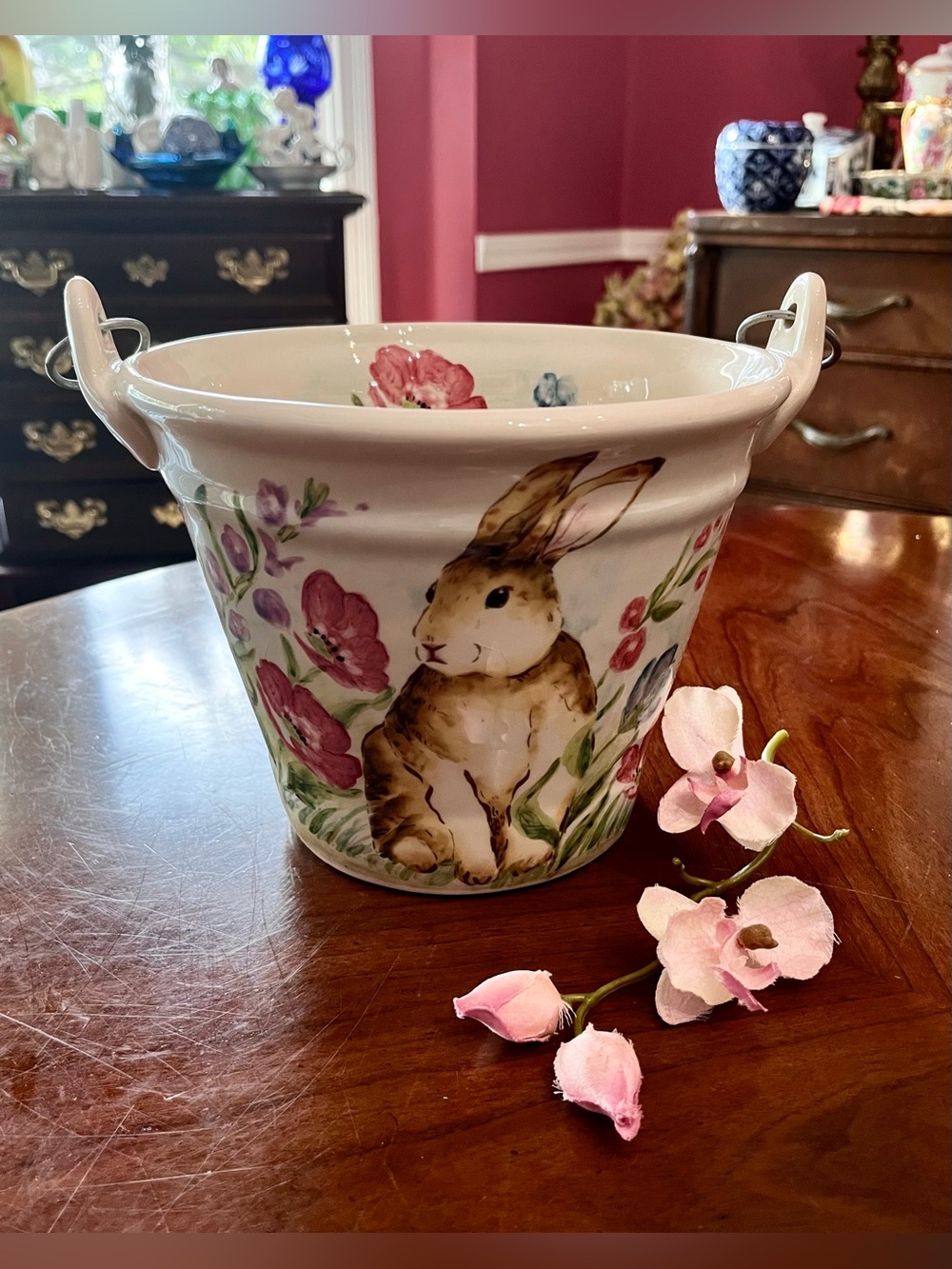 Maxcera Ceramic Easter Bunny Bucket Planter Basket with Floral Motifs